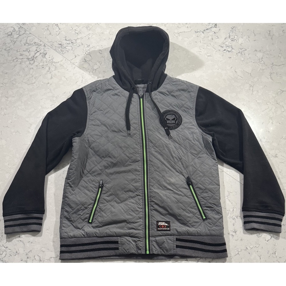 VTG No Fear Hoodie Mens Large Gray Full Zip Quilted Skull Grunge Skater Y2K